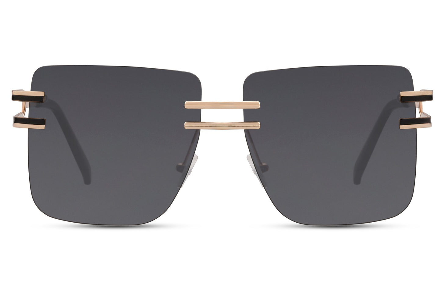 Polarized rimless oversized sunglasses with sleek black lenses and gold metal frame, glare reducing UV400 sunglasses perfect for driving, luxury summer outfits and modern street style