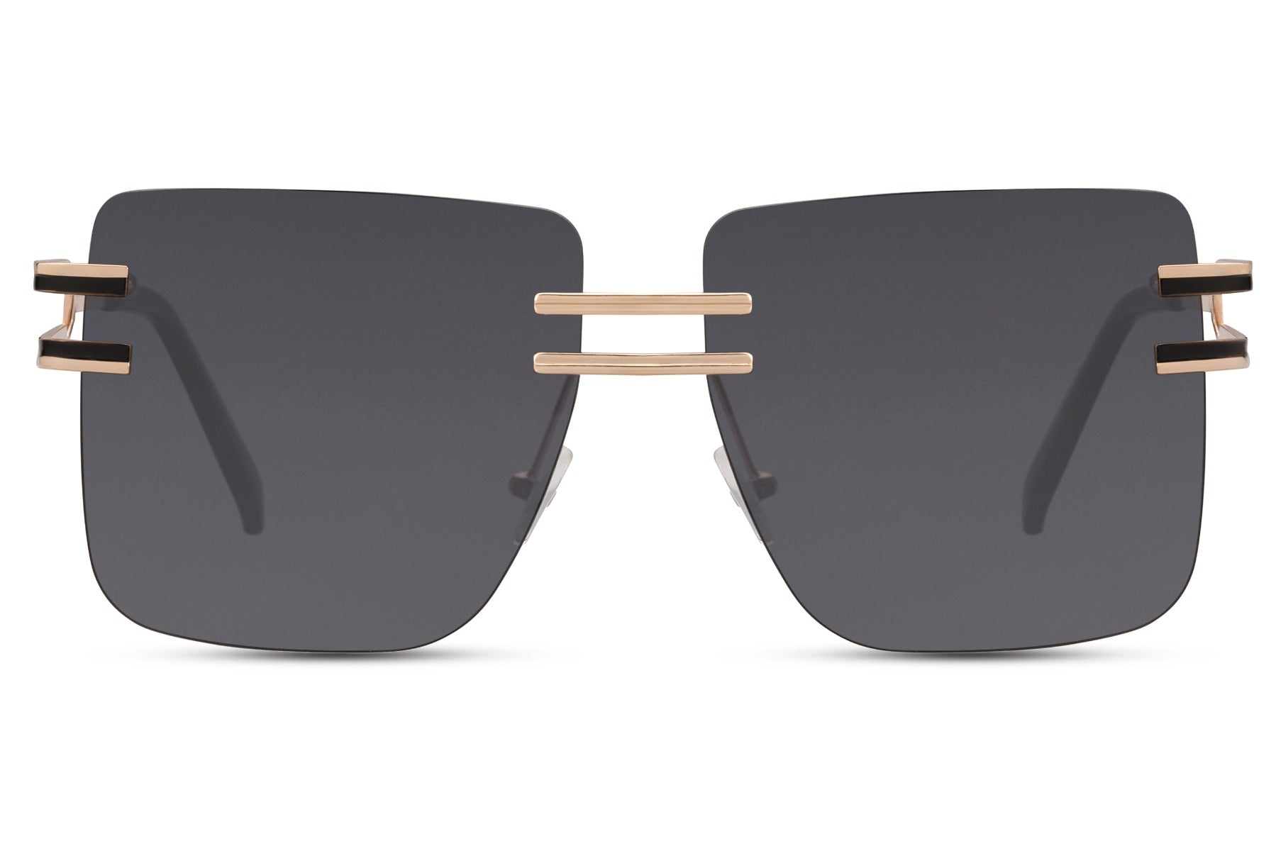 Polarized rimless oversized sunglasses with sleek black lenses and gold metal frame, glare reducing UV400 sunglasses perfect for driving, luxury summer outfits and modern street style