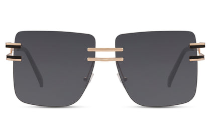 Modern rimless polarized sunglasses with oversized square shape and black lenses, premium glare reduction sunglasses for driving, outdoor activities and chic outfits