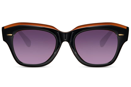 Hepburn-style cat eye sunglasses with purple lenses and bold frame, combining retro glamour with eco-conscious materials