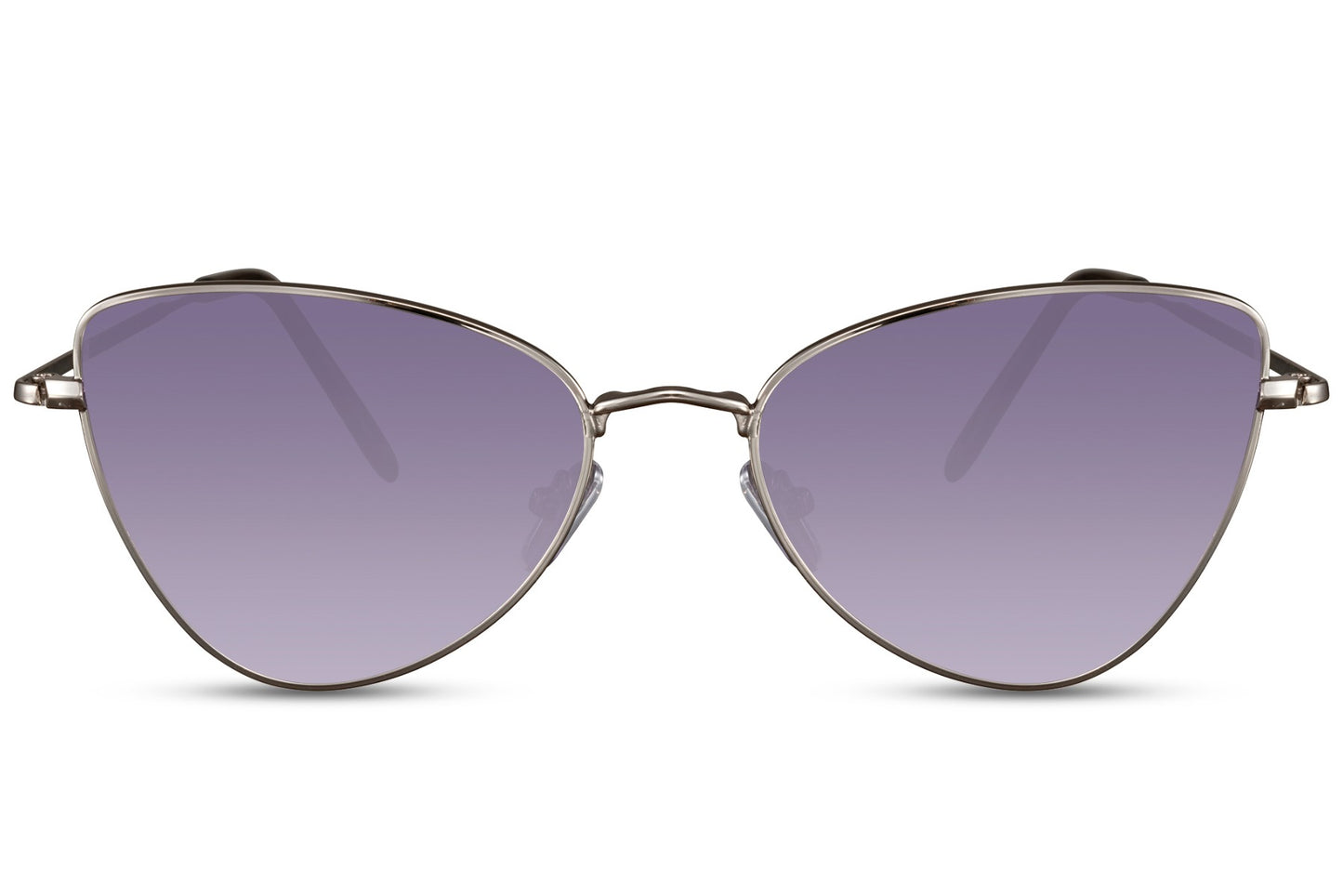 Cat eye sunglasses with purple tinted lenses and lightweight metal frame