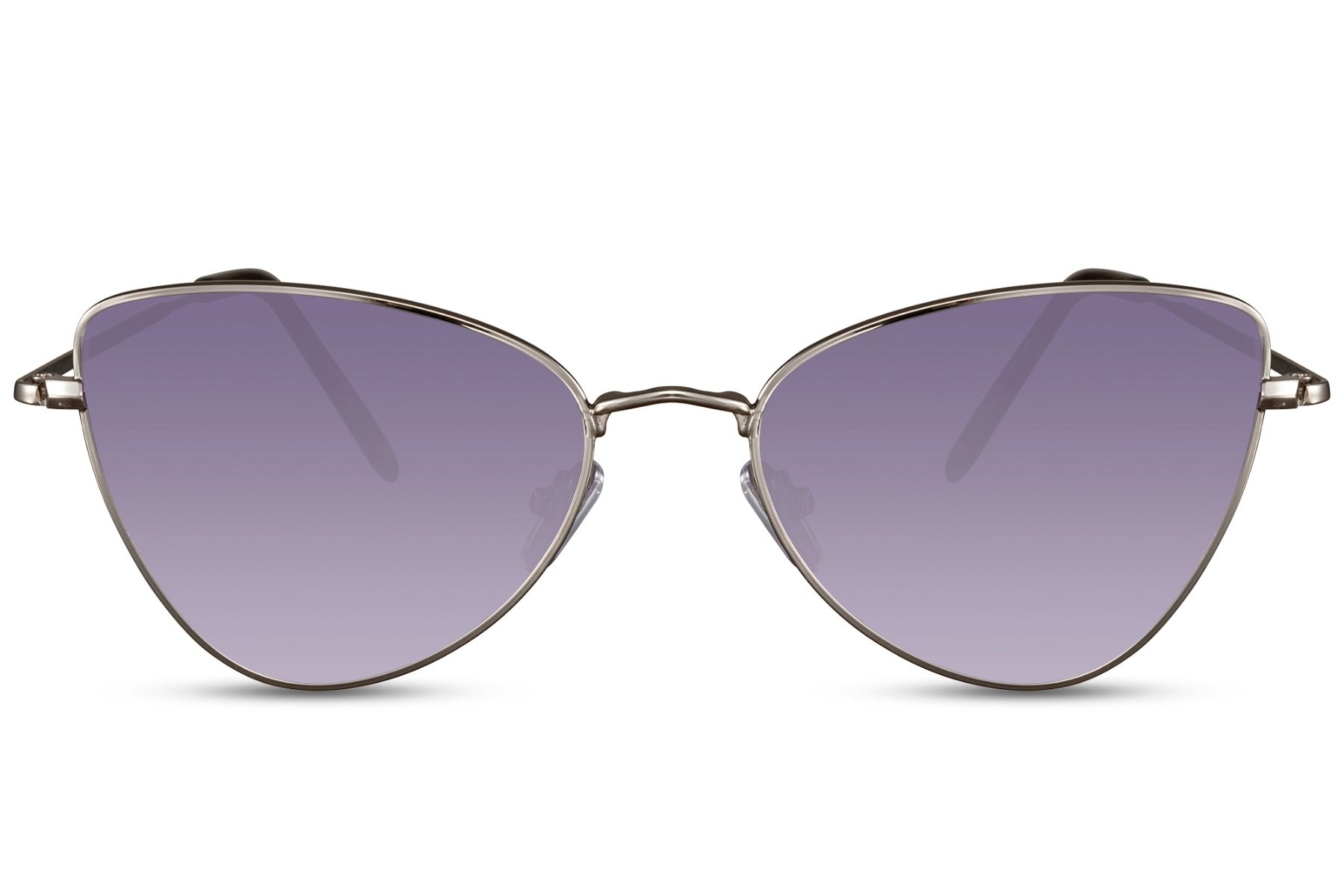Cat eye sunglasses with purple tinted lenses and lightweight metal frame