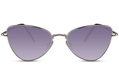 Cat eye sunglasses with purple tinted lenses and lightweight metal frame