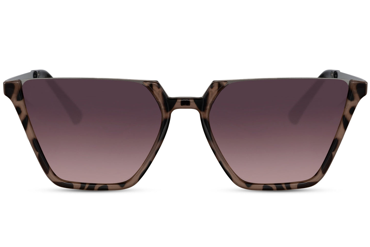 Oversized cat eye sunglasses with purple tinted lenses and modern frame