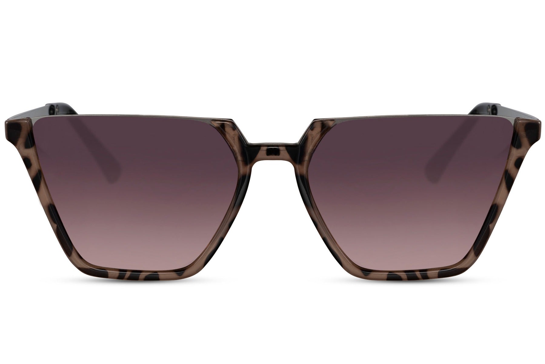 Oversized cat eye sunglasses with purple tinted lenses and modern frame