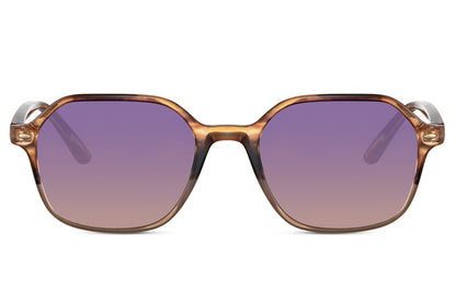 Leopard print square sunglasses with purple tinted lenses and geometric retro frame for trendy statement styling