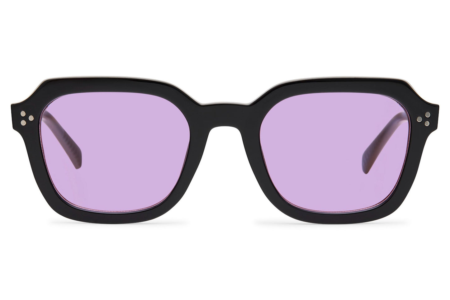 Fashion square sunglasses with purple translucent lenses and black wayfarer frame for stylish everyday outfits