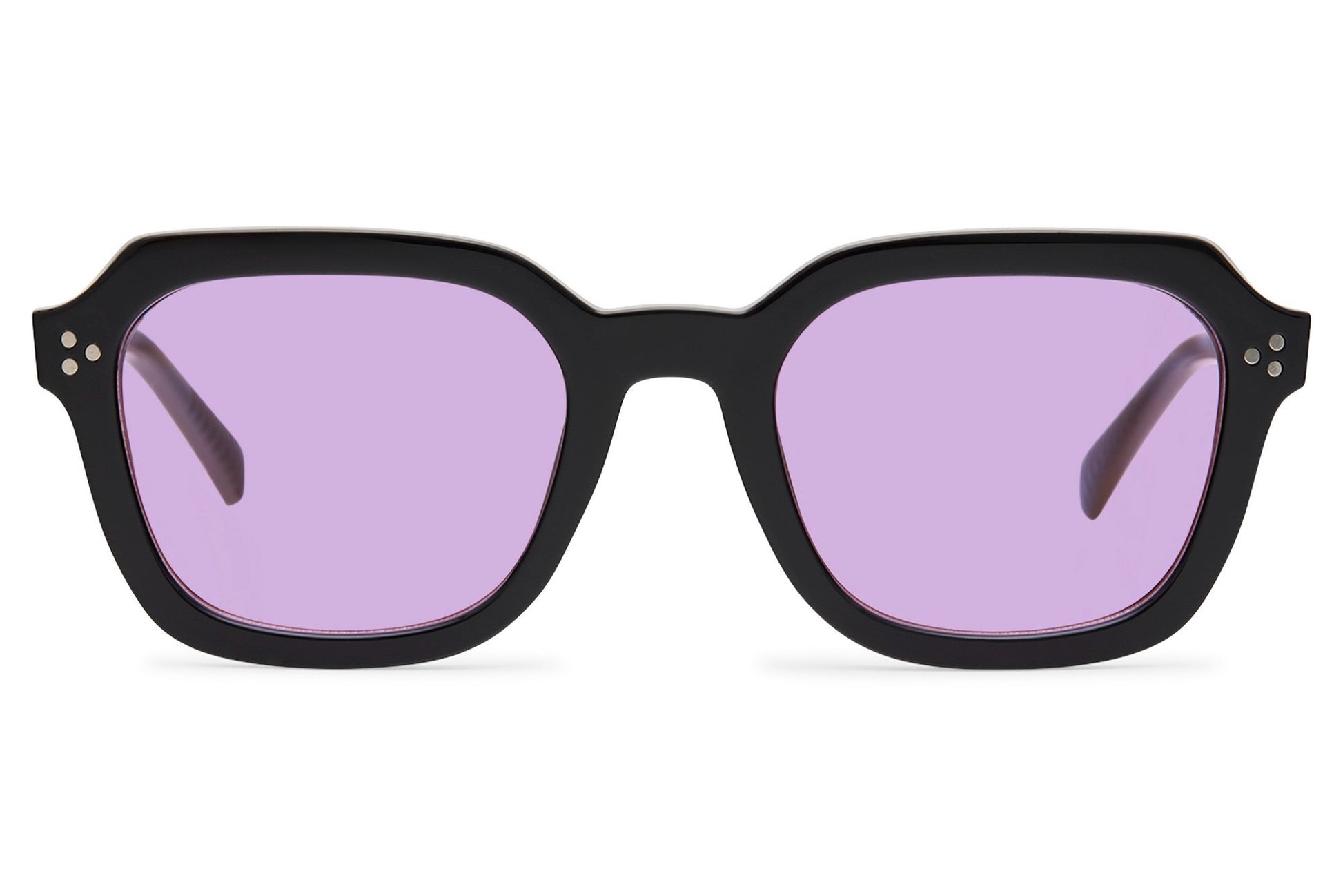 Fashion square sunglasses with purple translucent lenses and black wayfarer frame for stylish everyday outfits