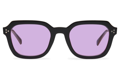 Fashion square sunglasses with purple translucent lenses and black wayfarer frame for stylish everyday outfits
