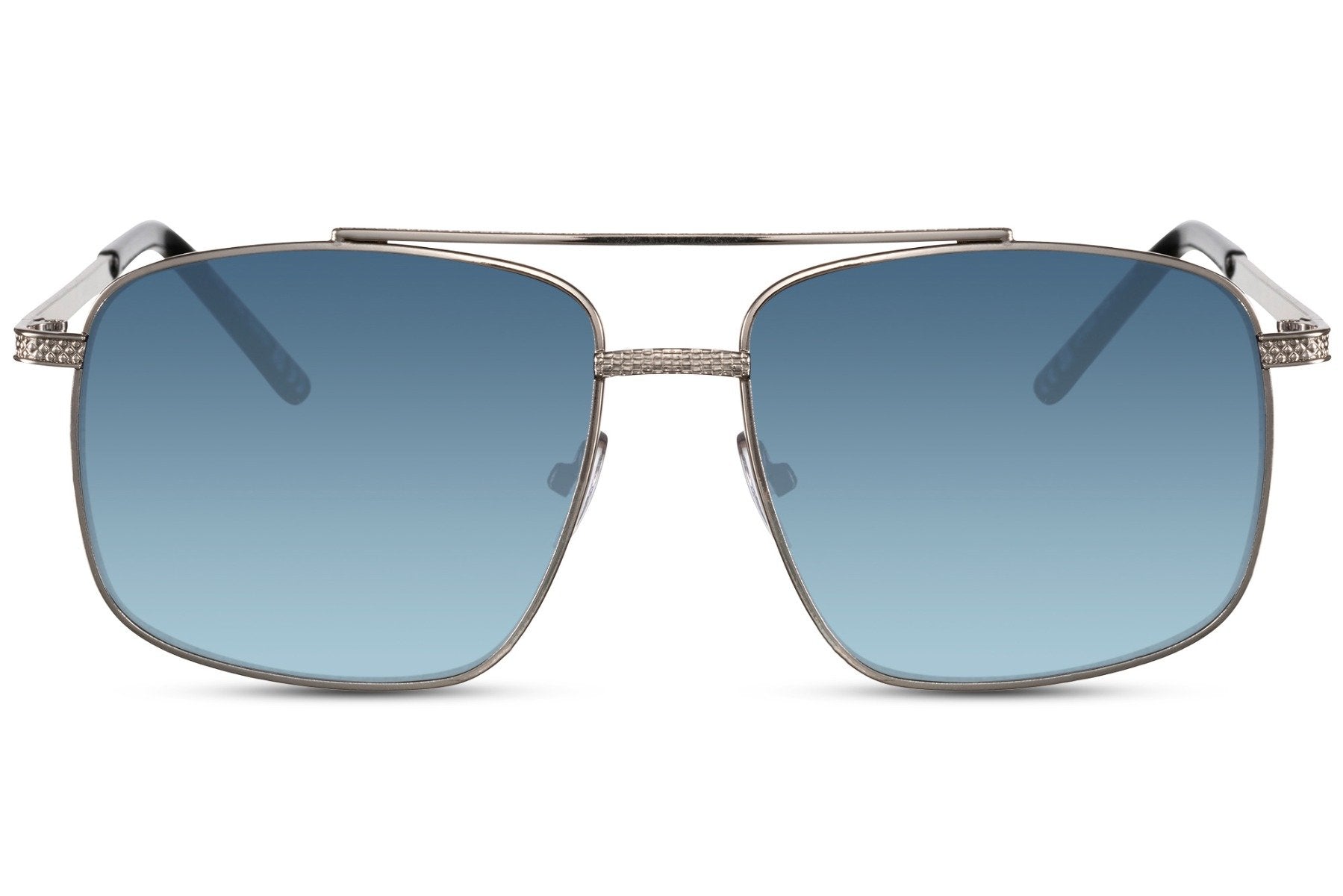 Rectangle aviator sunglasses with silver frame and blue lenses by Sunglass Station, lightweight metal eyewear for everyday wear