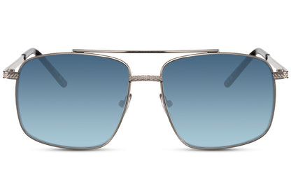 Rectangle aviator sunglasses with silver frame and blue lenses by Sunglass Station, lightweight metal eyewear for everyday wear