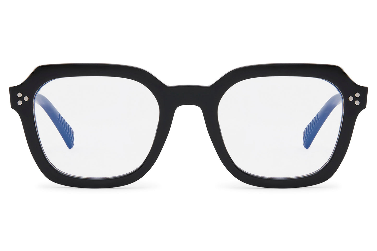 Unisex rectangle blue light eyeglasses with black frame by Sunglass Station, designed to reduce digital screen strain with lightweight polycarbonate lenses, available online with free shipping across the UK and Europe