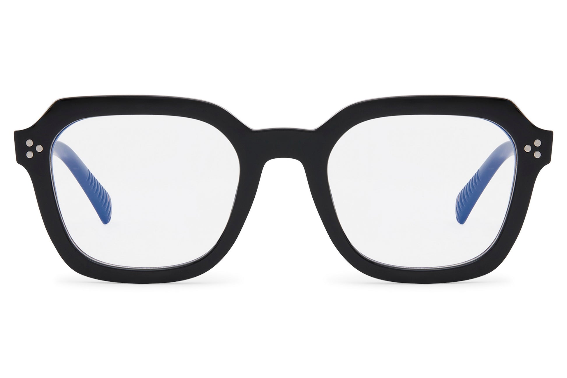 Unisex rectangle blue light eyeglasses with black frame by Sunglass Station, designed to reduce digital screen strain with lightweight polycarbonate lenses, available online with free shipping across the UK and Europe