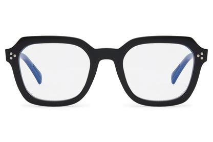 Unisex rectangle blue light eyeglasses with black frame by Sunglass Station, designed to reduce digital screen strain with lightweight polycarbonate lenses, available online with free shipping across the UK and Europe