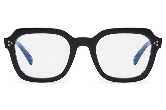 Unisex rectangle blue light eyeglasses with black frame by Sunglass Station, designed to reduce digital screen strain with lightweight polycarbonate lenses, available online with free shipping across the UK and Europe