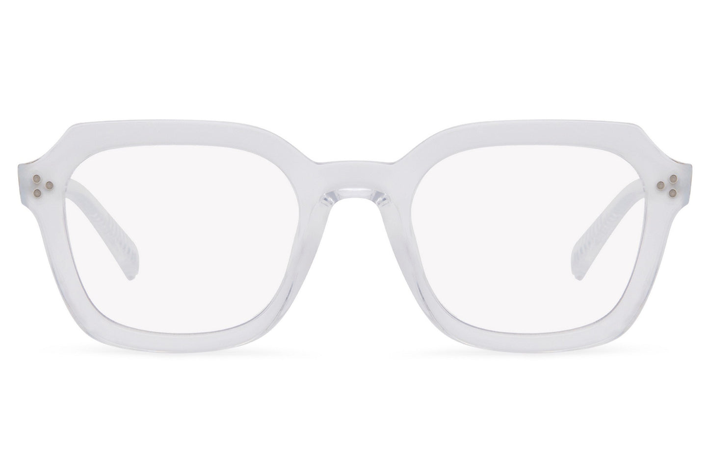 Rectangle blue light eyeglasses with transparent frame by Sunglass Station, lightweight unisex design offering screen protection with a clean modern look