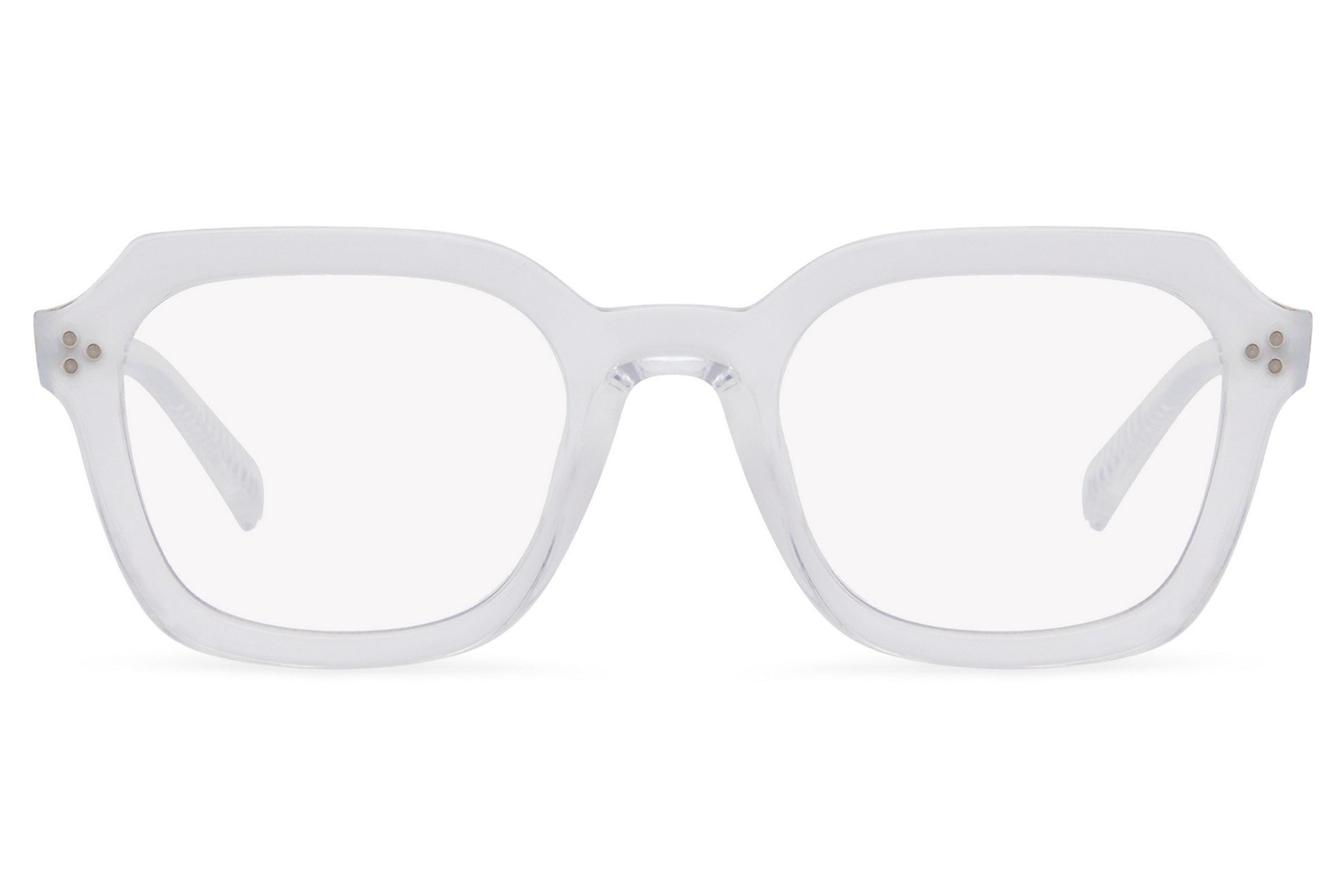 Rectangle blue light eyeglasses with transparent frame by Sunglass Station, lightweight unisex design offering screen protection with a clean modern look