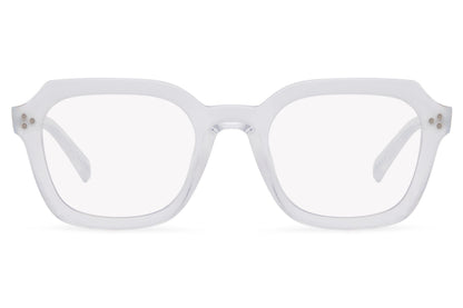 Rectangle blue light eyeglasses with transparent frame by Sunglass Station, lightweight unisex design offering screen protection with a clean modern look