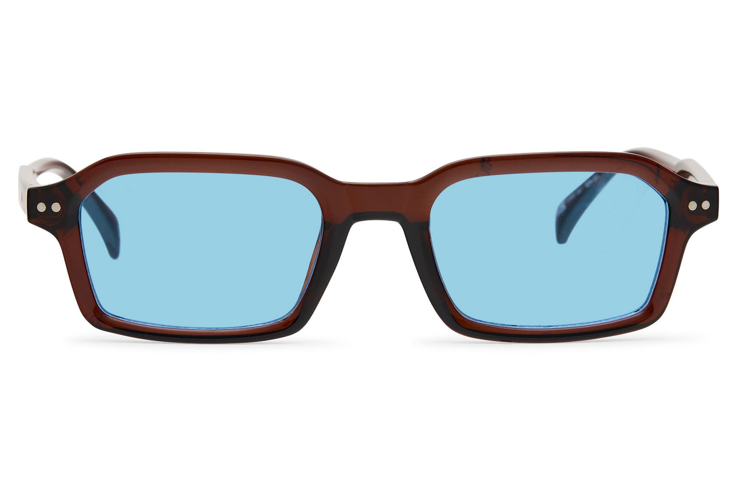 Brown frame rectangle sunglasses with blue lenses by Sunglass Station, sleek and modern men’s fashion eyewear