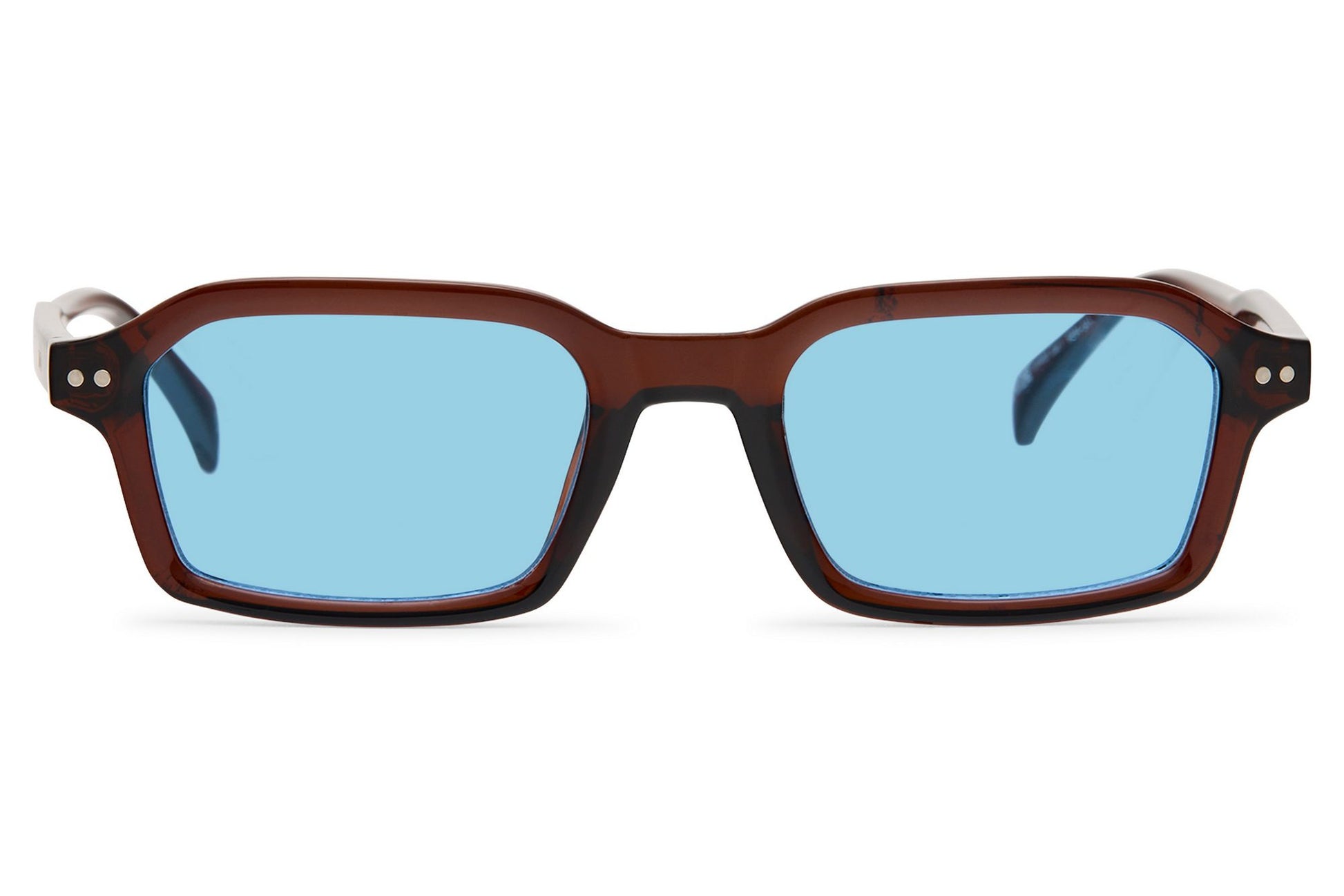 Brown frame rectangle sunglasses with blue lenses by Sunglass Station, sleek and modern men’s fashion eyewear