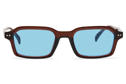 Brown frame rectangle sunglasses with blue lenses by Sunglass Station, sleek and modern men’s fashion eyewear