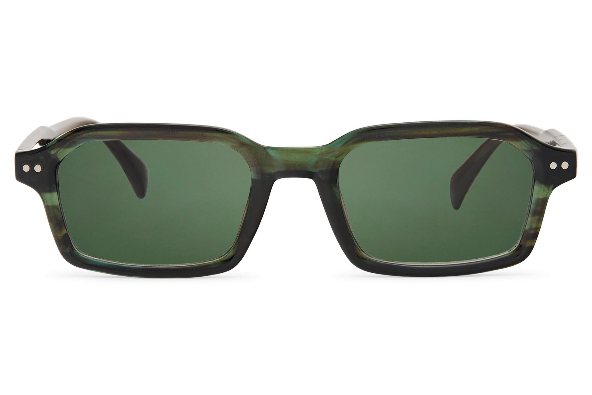 Men’s rectangle sleek sunglasses with green lenses by Sunglass Station, lightweight recycled frame and modern everyday eyewear style