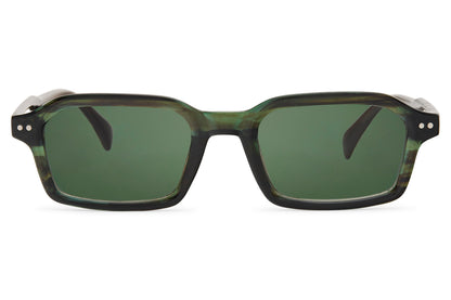 Men’s rectangle sleek sunglasses with green lenses by Sunglass Station, lightweight recycled frame and modern everyday eyewear style
