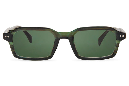Men’s rectangle sleek sunglasses with green lenses by Sunglass Station, lightweight recycled frame and modern everyday eyewear style