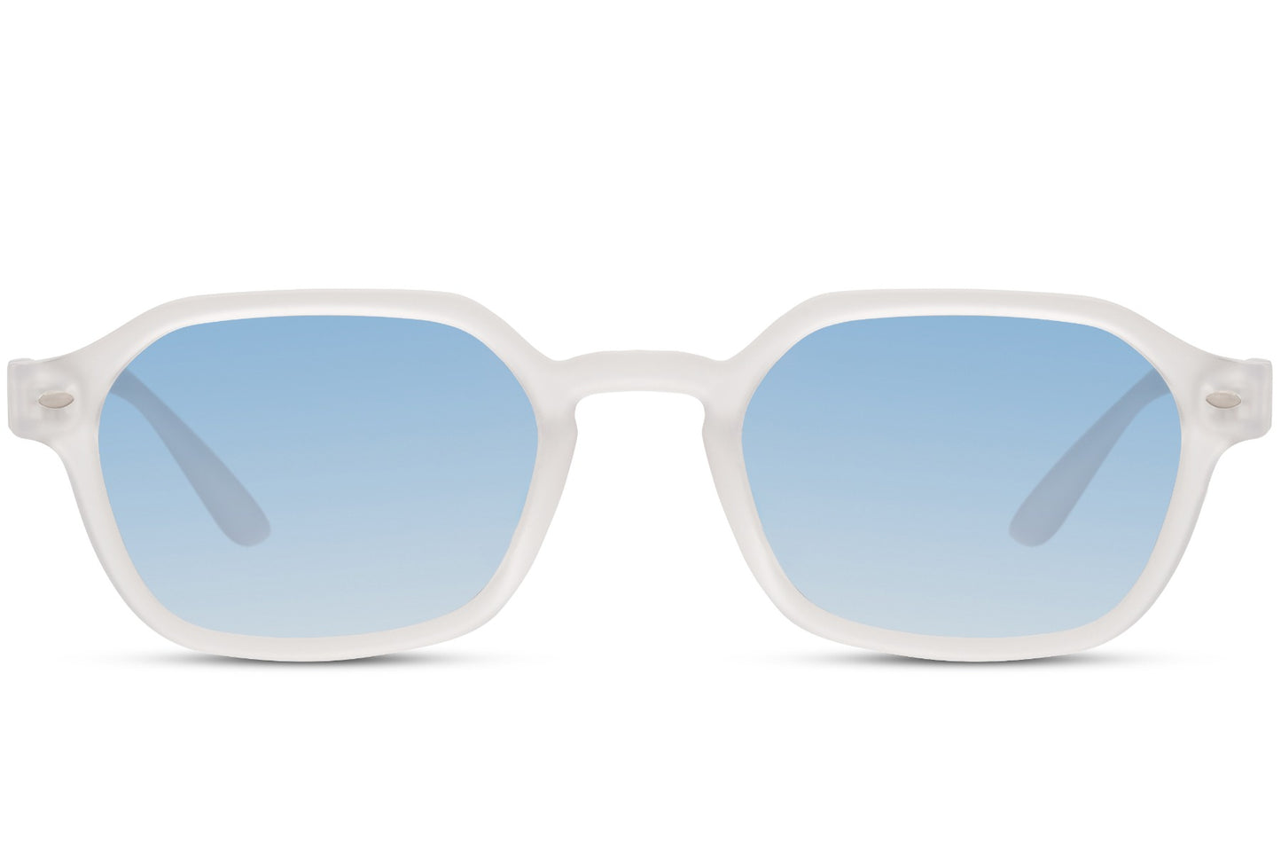 Eco rectangle sunglasses with beige frame and blue tinted lenses by Sunglass Station, lightweight unisex eyewear for everyday wear