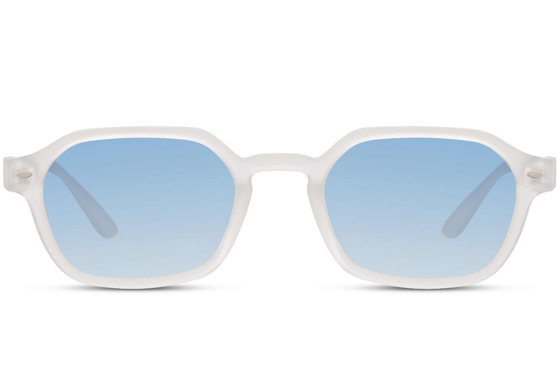 Eco rectangle sunglasses with beige frame and blue tinted lenses by Sunglass Station, lightweight unisex eyewear for everyday wear