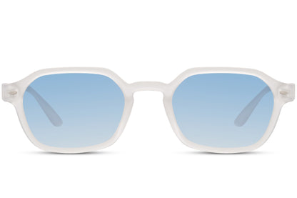 Eco rectangle sunglasses with beige frame and blue tinted lenses by Sunglass Station, lightweight unisex eyewear for everyday wear
