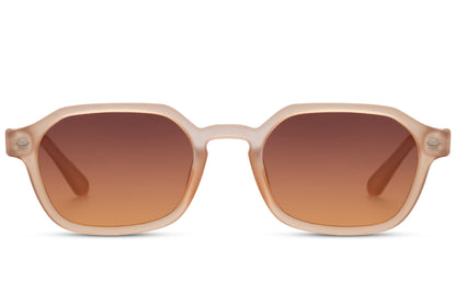 Rectangle sunglasses with beige frame and brown tinted lenses by Sunglass Station, eco-friendly unisex eyewear with a clean rectangular design