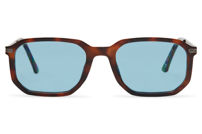 Unisex rectangle sunglasses with tortoiseshell frame and blue tinted lenses by Sunglass Station, lightweight polycarbonate design with a clean modern everyday style, available online with free shipping across the UK and Europe
