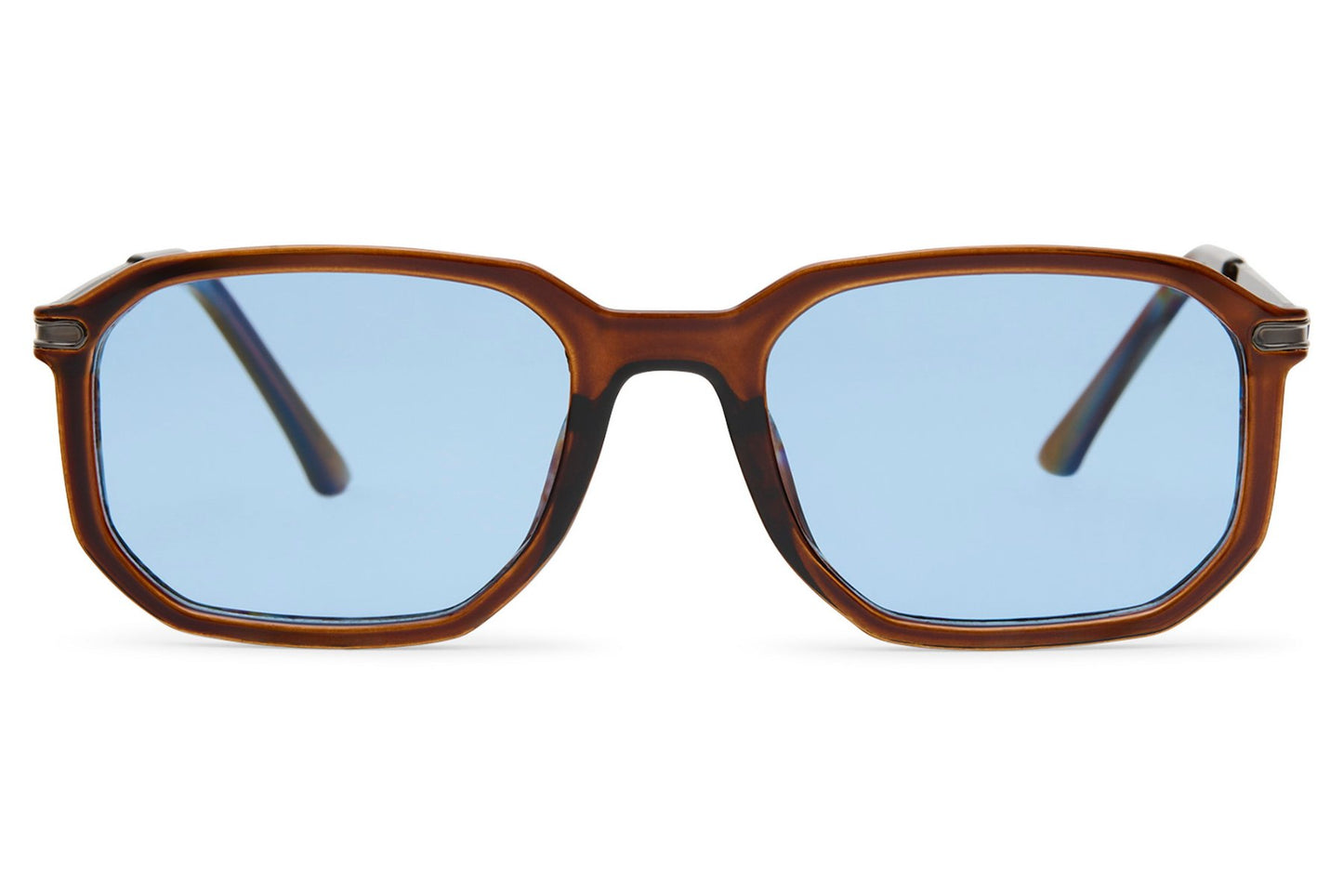 Unisex rectangle sunglasses with clear blue lenses and tortoiseshell frame by Sunglass Station, lightweight design with a modern clean finish