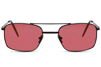 Rectangle sunglasses with metallic black frame and pink lenses by Sunglass Station, stylish unisex eyewear with a modern and lightweight feel