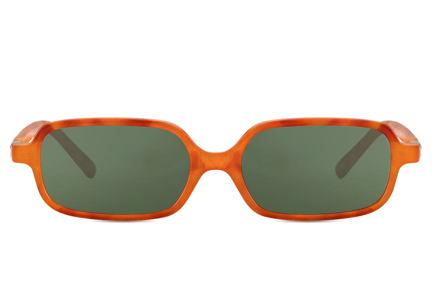 Rectangle sunglasses with orange frame and green lenses by Sunglass Station, unisex eyewear with a bold yet minimal design