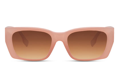 Rectangle sunglasses with pink frame and brown gradient lenses by Sunglass Station, stylish eyewear with a soft feminine Paris-inspired look