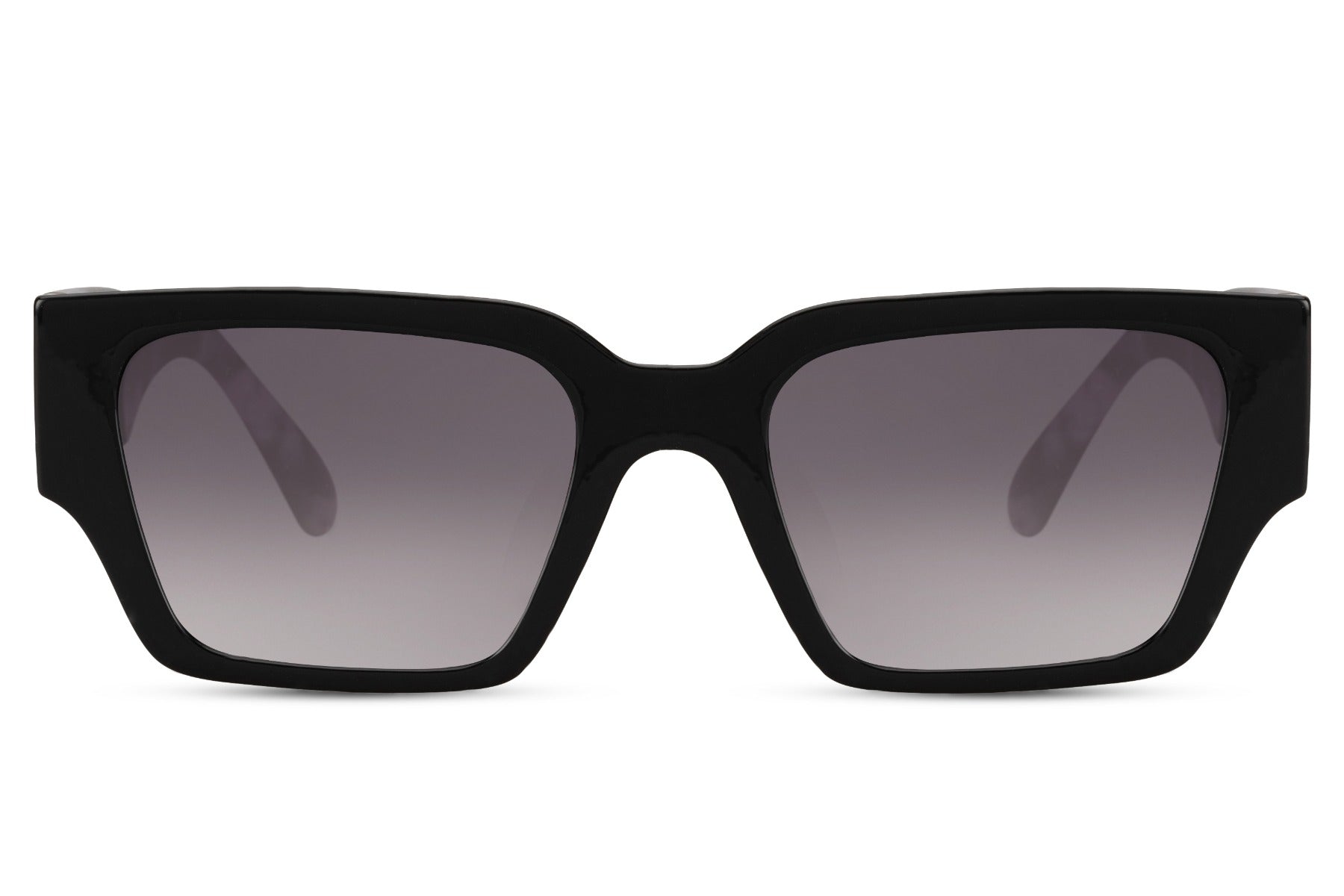 Black rectangle sunglasses with purple gradient lenses by Sunglass Station, stylish unisex eyewear combining modern design with everyday comfort
