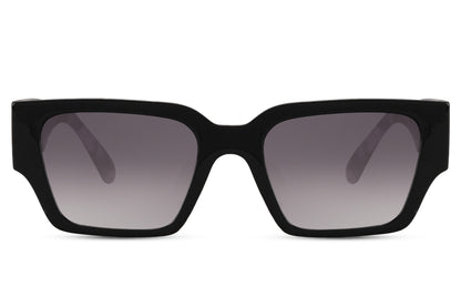 Black rectangle sunglasses with purple gradient lenses by Sunglass Station, stylish unisex eyewear combining modern design with everyday comfort