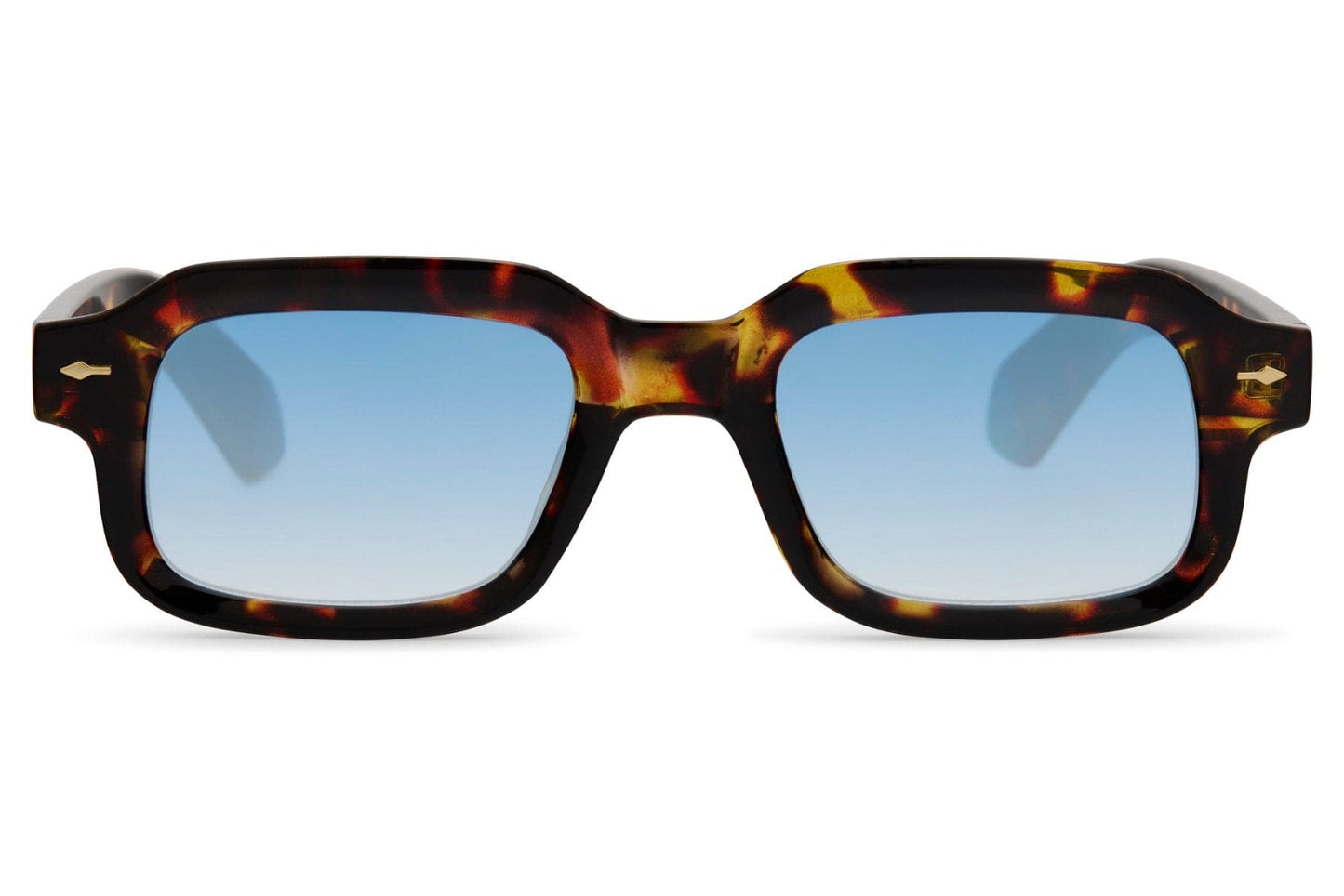 Bold rectangle sunglasses with tortoiseshell frame and light blue lenses by Sunglass Station, lightweight men’s eyewear