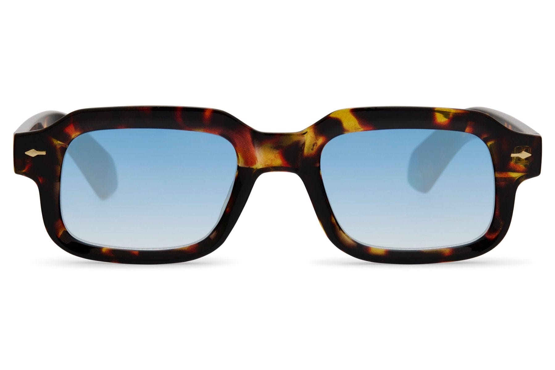 Bold rectangle sunglasses with tortoiseshell frame and light blue lenses by Sunglass Station, lightweight men’s eyewear