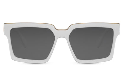 Rectangle sunglasses with white frame and grey lenses by Sunglass Station, eco-friendly unisex eyewear suitable for daily wear