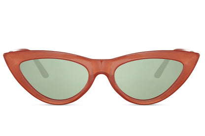 Cat eye sunglasses with striking red frame and green tinted lenses, inspired by Onyx Blade design for bold and fashion-forward looks