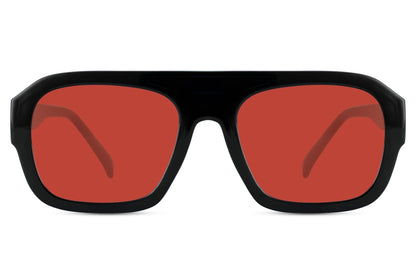 Rectangle aviator sunglasses with red tinted lenses, designed for a bold fashion statement and standout street style