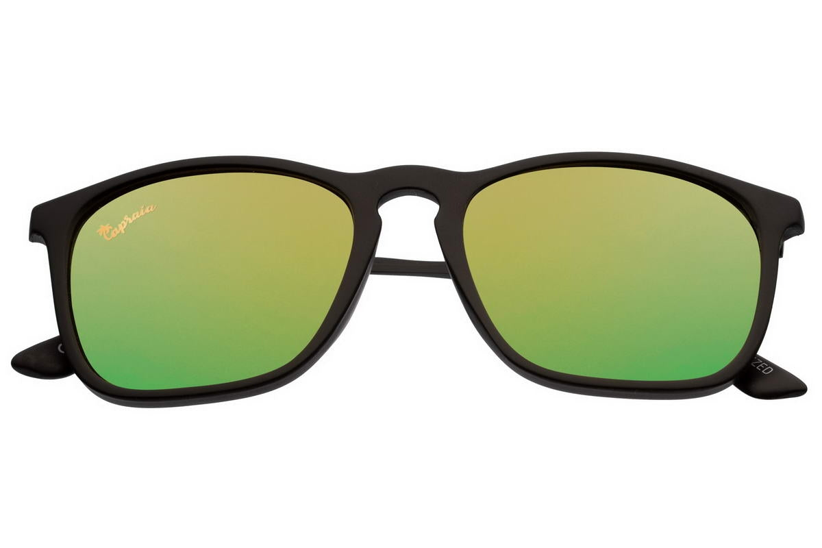 Reflective green square sunglasses with modern black frame for streetwear, holidays and outdoor lifestyle wear