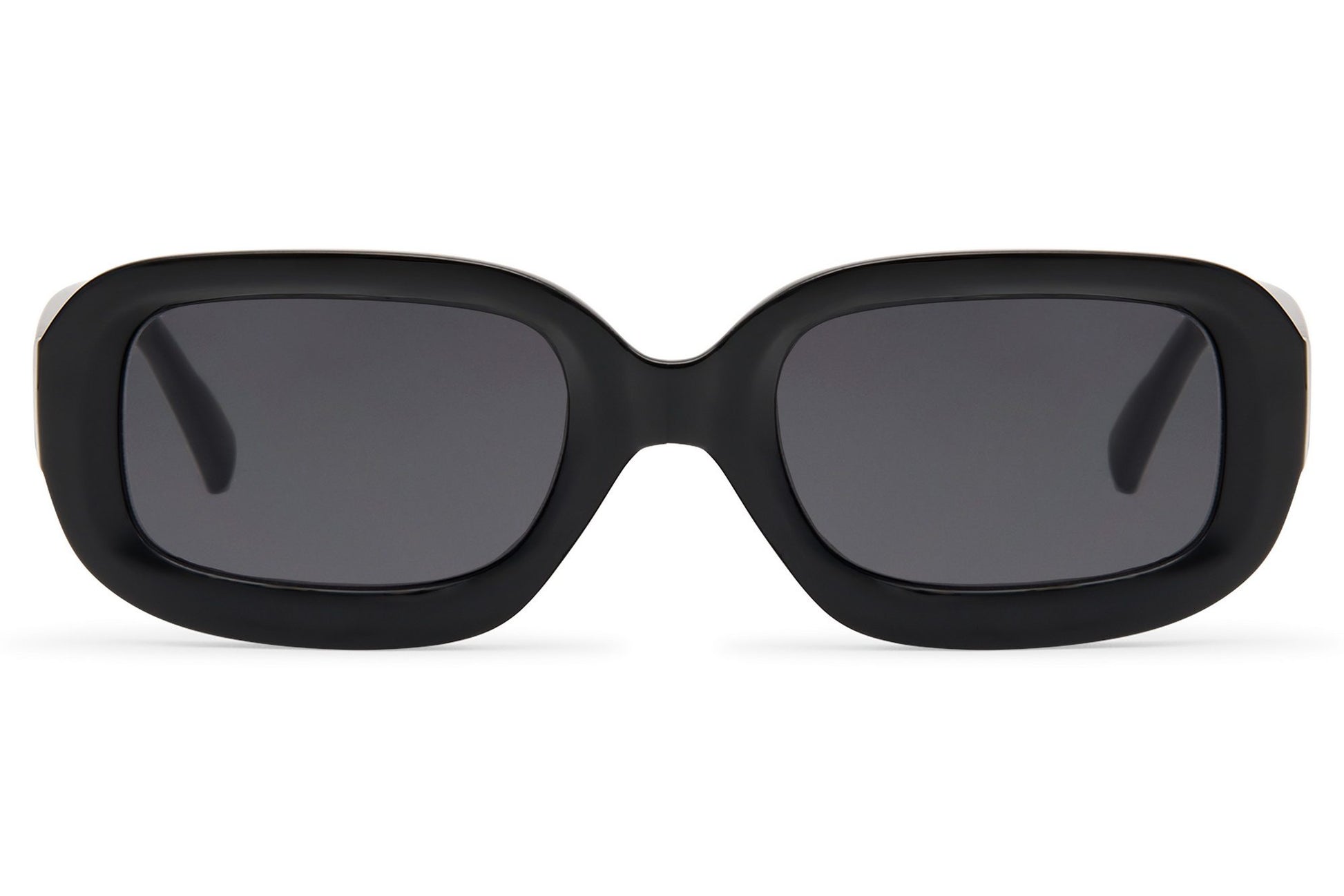 Black retro rectangle sunglasses for men and women by Sunglass Station, minimalist eco-conscious design with durable polycarbonate lenses