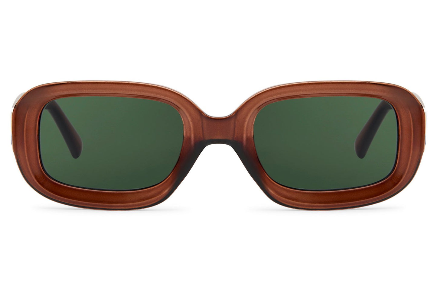 Eco retro rectangle sunglasses with green lenses and brown frame by Sunglass Station, lightweight unisex eyewear with a vintage aesthetic