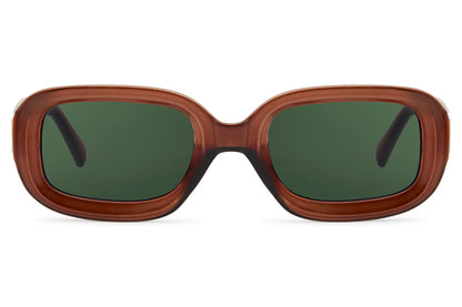 Eco retro rectangle sunglasses with green lenses and brown frame by Sunglass Station, lightweight unisex eyewear with a vintage aesthetic