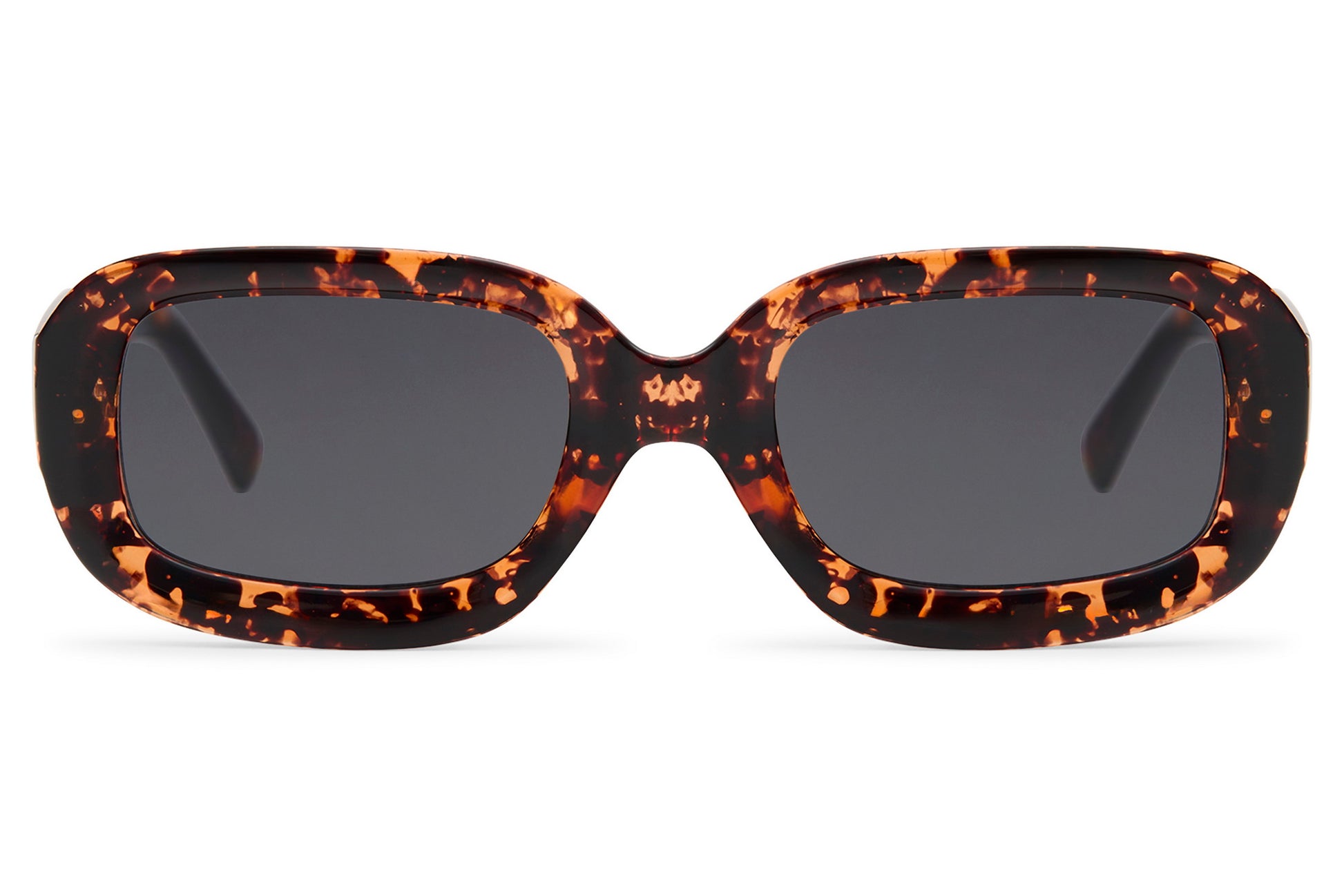 Unisex retro rectangle sunglasses with tortoiseshell frame and grey lenses by Sunglass Station, eco-friendly eyewear combining classic vintage style with modern comfort