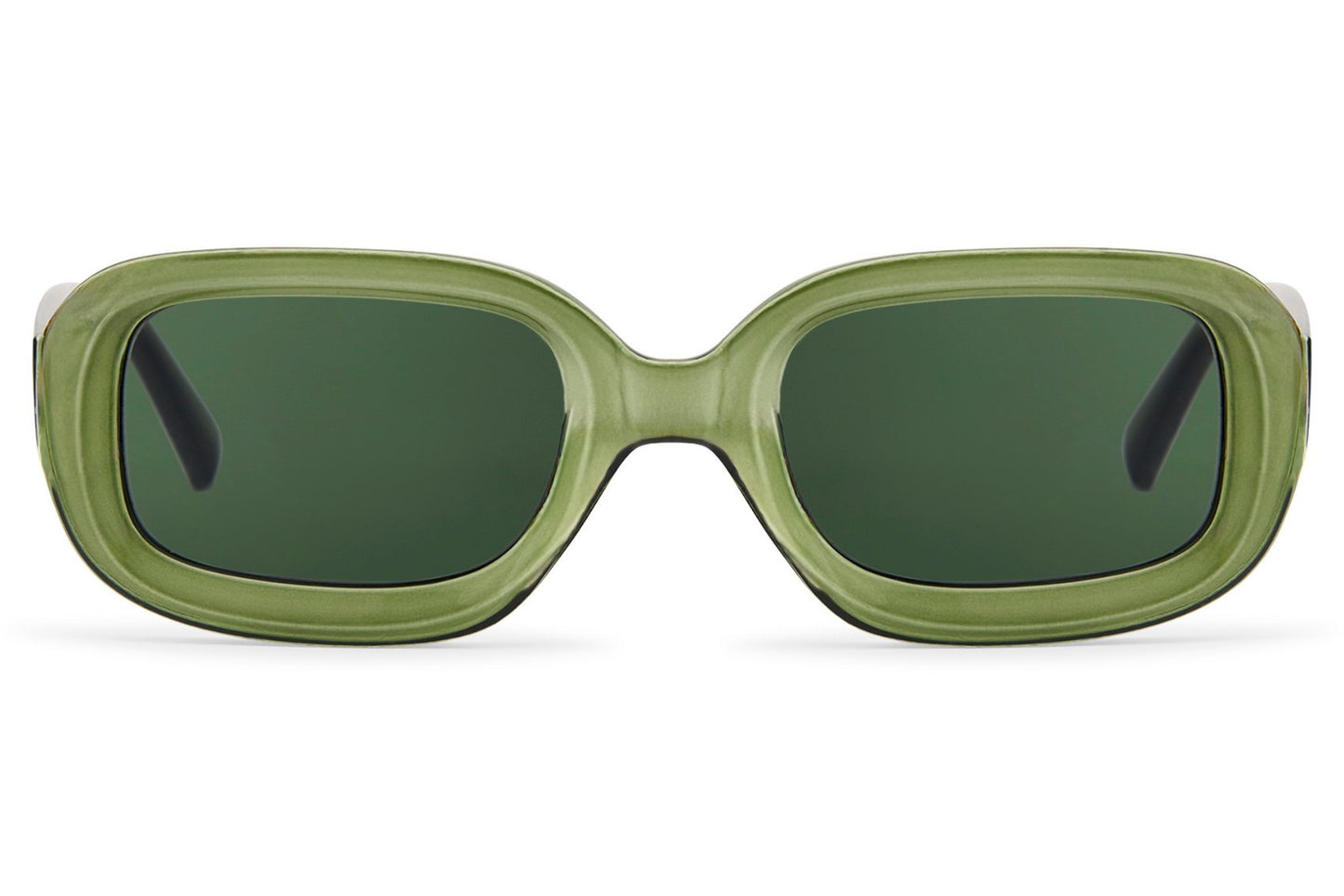 Unisex retro rectangle sunglasses with olive green frame and tinted lenses by Sunglass Station, eco-friendly design with a modern vintage feel
